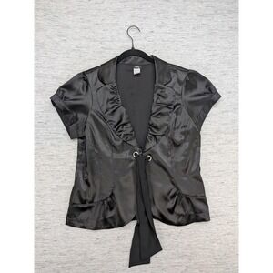 y2k Vanity Ruffle Tie Front Short Sleeve Blazer Jacket Black XL Gothic‎ Dark